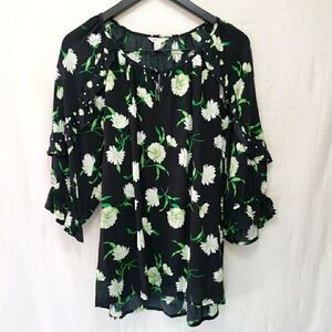 NWT Cato Black Green Floral Rayon Tie Front Blouse Summer Size M